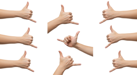 Human Hands Displaying Shaka and Thumbs Up Gestures on White.
