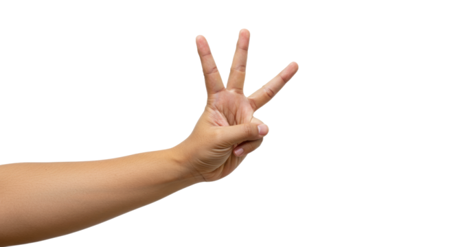 Human Hand Showing Three Fingers Isolated on White Background.