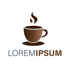 A brown coffee cup logo with steam rising, isolated on white background