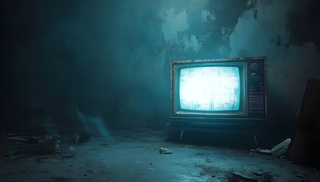 Old TV monitor shines in a dark room. Static on the screen. Abandoned building interior. Empty space, wall, floor, wire. Retro tech, nostalgia - Powered by Adobe