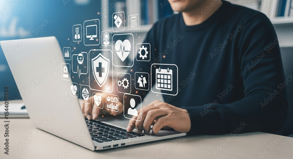 Poster person typing on laptop with medical and business icons floating above keyboard in office setting