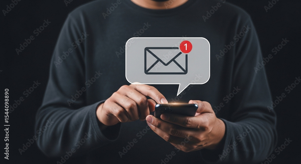 Poster person holding a smartphone with an email notification bubble above the device in the dark