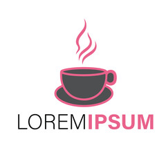 A simple logo design featuring a steaming cup on a saucer, isolated on white background