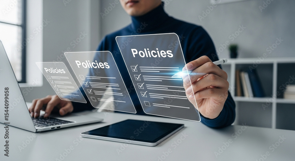 Poster man interacting with digital policies on screen using laptop and tablet for business tasks online