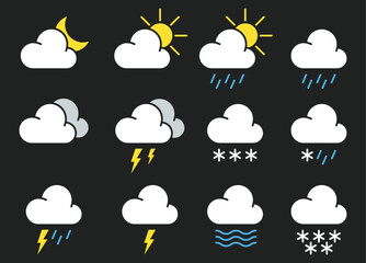 Collection of weather icon isolated on a black background. Set of weather icon