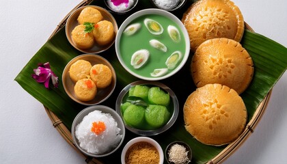 flat lay of assorted thai desserts including kanom krok and pandan hot cakes with colorful garnishes