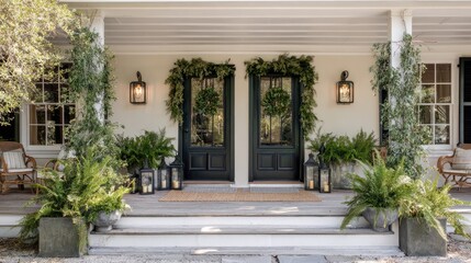 Classic front porch with double doors, iron sconces, and neutral seasonal decorations