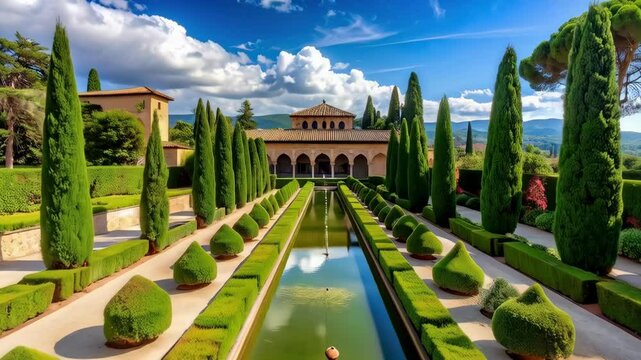 Formal garden with long reflecting pool, manicured hedges, and tall cypress trees leading to a palatial building under blue sky
