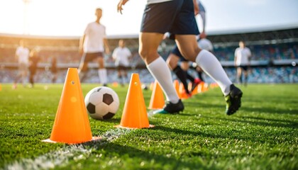 A group of soccer players are practicing drills on a well-maintained soccer field with orange cones.
