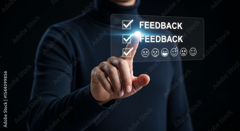 Aufkleber person interacting with a digital feedback interface with checkmarks and emotion icons displayed