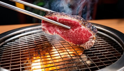 a yakiniku dining scene with wagyu sirloin sizzling on the grill chopsticks picking up a perfectly cooked slice