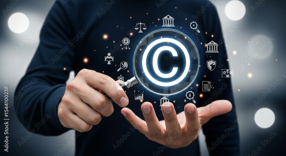 Poster man holding magnifying glass over copyright symbol with law icons surrounding it on dark background