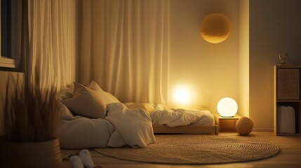 A minimalist cozy kid bedroom with neutral bedding, a snug daybed, and warm lighting accents