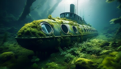 abandoned submarine overgrown with moss