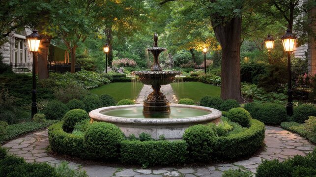 Garden fountain surrounded by neatly trimmed bushes, stones, and ornamental lighting