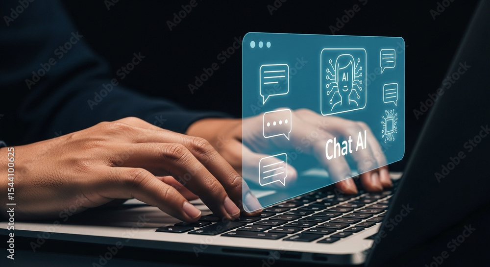 Aufkleber Person typing on laptop with chat ai interface overlay showing ai head and message icons above keyboard