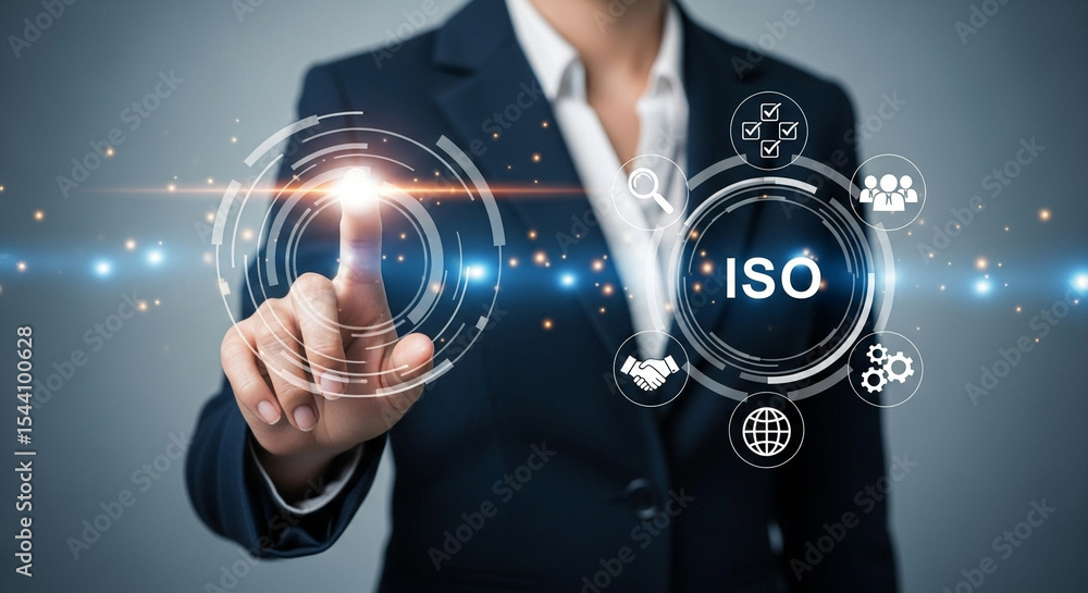Poster Person in suit interacting with iso interface with checks and gears and globe and handshake icons