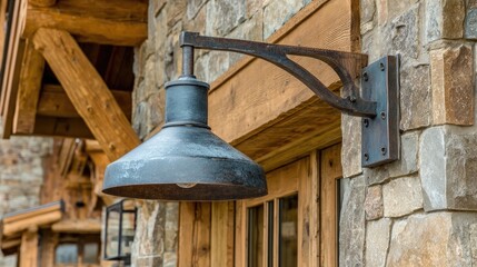 Fototapeta premium Industrial-style outdoor light above garage entrance with modern steel finish