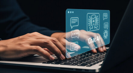 Person typing on laptop with chat ai interface overlay showing ai head and message icons above keyboard