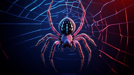 Spider on web with dramatic blue and red lighting