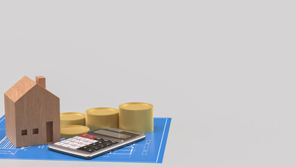 The Wood House and calculator for property or Building concept 3d Rendering.