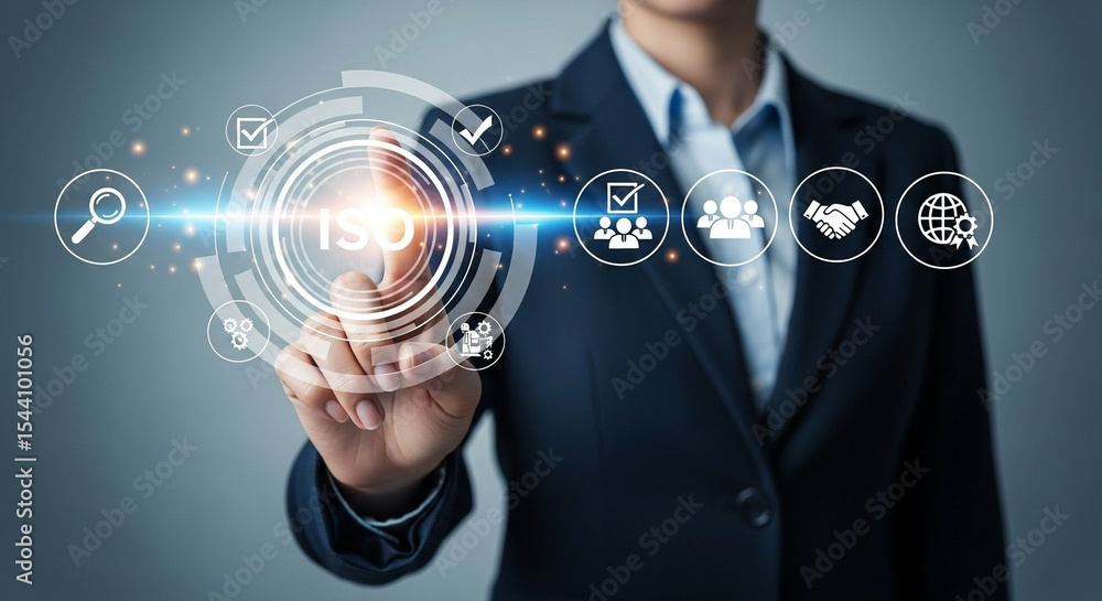 Aufkleber businessman touching iso standard certification interface with digital icons on a gray background
