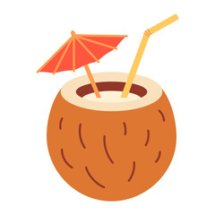 Flat vector cartoon illustration of a tropical coconut cocktail with a straw and umbrella. Perfect for summer, beach, card and vacation-themed design. Isolated on white background.