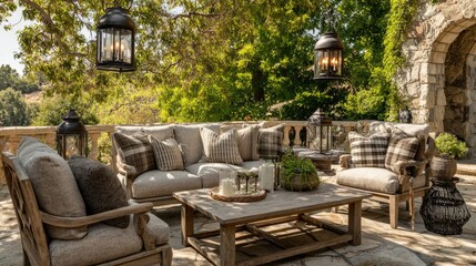Obraz premium Rustic patio with wooden furniture, throw pillows, and hanging lanterns surrounded by greenery