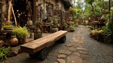 Rustic wooden bench surrounded by potted plants and iron garden sculptures