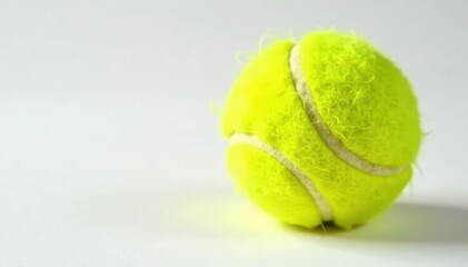 Bright yellow tennis ball, fuzzy surface, pristine white backdrop, bright, healthy lifestyle