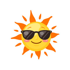 Cheerful sun character wearing sunglasses with rays of sunshine, vector 