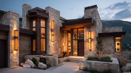 Fototapeta premium Warm-toned wall sconces lighting up a stone exterior of a modern house at twilight