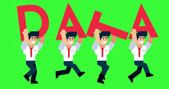 Animated Businessmen Running with Data Text on Green Screen Background

