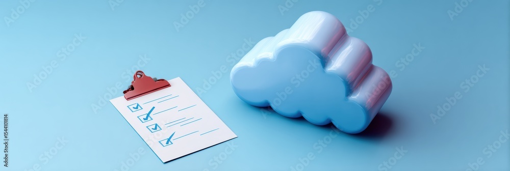 Poster Cloud Storage Safety Checklist Displayed on a Clipboard Next to a Three-Dimensional Cloud Model on a Blue Background