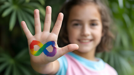 Smiling autistic girl with rainbow infinity painted on hand representing autism pride and neurodivergent empowerment