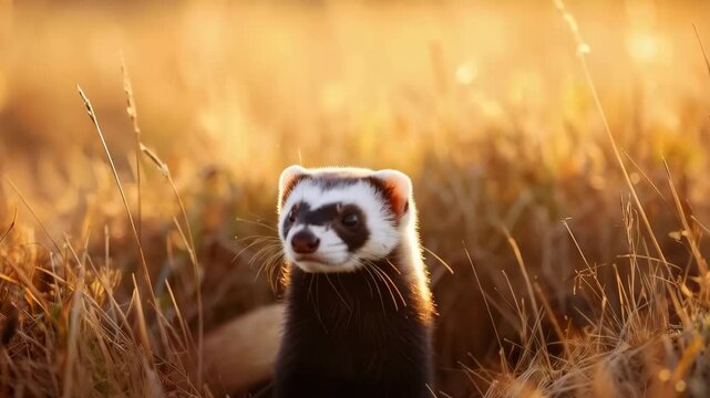 Alert ferret sitting attentively in golden grassy field at sunset, inquisitive domestic animal surveying surroundings in warm light, pet portrait
