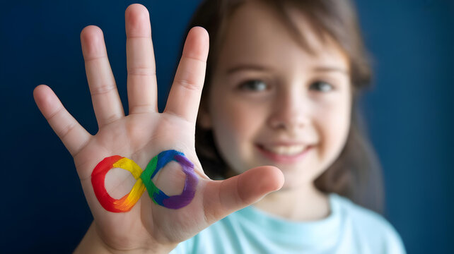 Smiling autistic girl with rainbow infinity painted on hand representing autism pride and neurodivergent empowerment