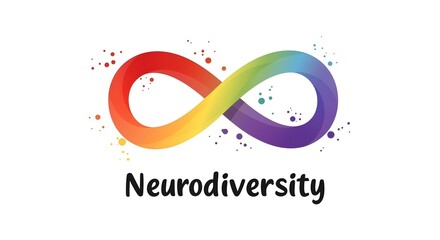 Fototapeta premium Rainbow infinity symbol logo with neurodiversity text representing autism awareness inclusion and cognitive empowerment