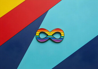 Rainbow striped infinity badge on vibrant background representing autism awareness neurodiversity and pride