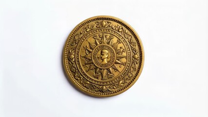 Intricate golden medallion featuring a classical portrait relief on a white background, ornate design, detailed, round emblem - Powered by Adobe