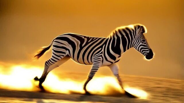 A zebra running through the dusty plains with a golden sky in the background image scene video