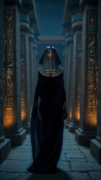 A regal Egyptian pharaoh, adorned in a Nemes headdress with gold accents and a flowing dark cape, walks with a sense of purpose down a long corridor lined with hieroglyphic pillars.