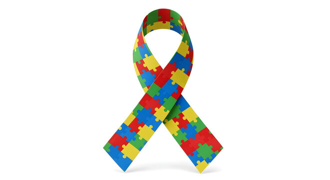 Autism puzzle ribbon on white background symbolizing autism ADHD neurodivergent identity therapy and awareness