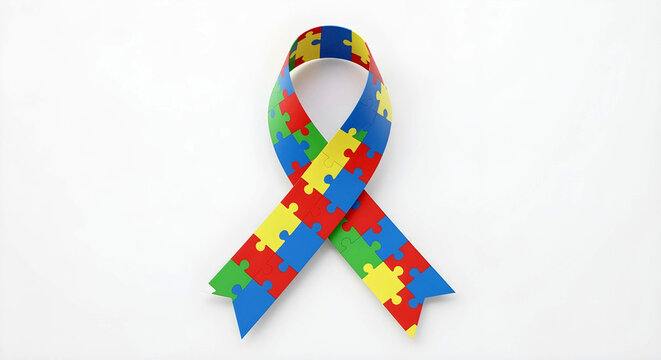 Autism puzzle ribbon on white background symbolizing autism ADHD neurodivergent identity therapy and awareness