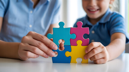 Smiling child with adult assembling puzzle pieces representing autism therapy support and inclusion