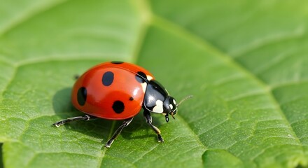 A tiny red ladybug with black spots sits on a green leaf. The picture shows every detail of the ladybug, taken up close with a special camera.
