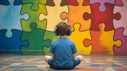 Child with headphones facing colorful puzzle wall symbolizing autism spectrum therapy and neurodiversity