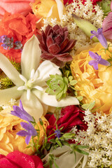 Creative layout made of flowers. Flat lay. Nature concept. Floral Greeting card. Colorful flower...