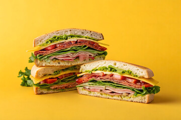 Minimalist composition of a complete sandwich, with layers of meat and fresh vegetables, captured on yellow background