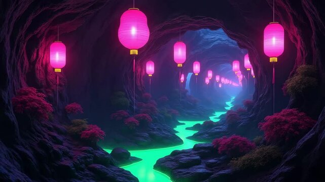 Mysterious cave illuminated by pink lanterns and glowing water.